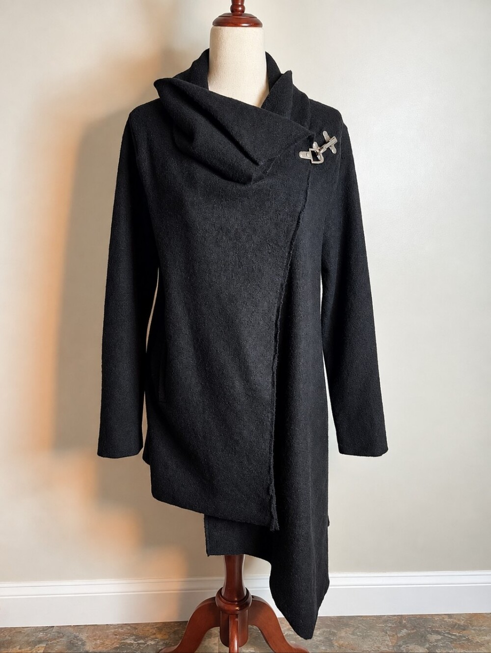 Garnet Hill Black 100% Wool Asymmetrical Waterfall Coat Jacket 8P